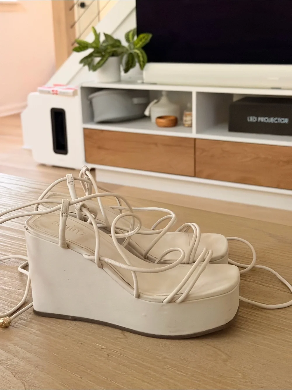 SCHUTZ Cream Leather Strappy Platform Wedge Sandal with Wrap Lace